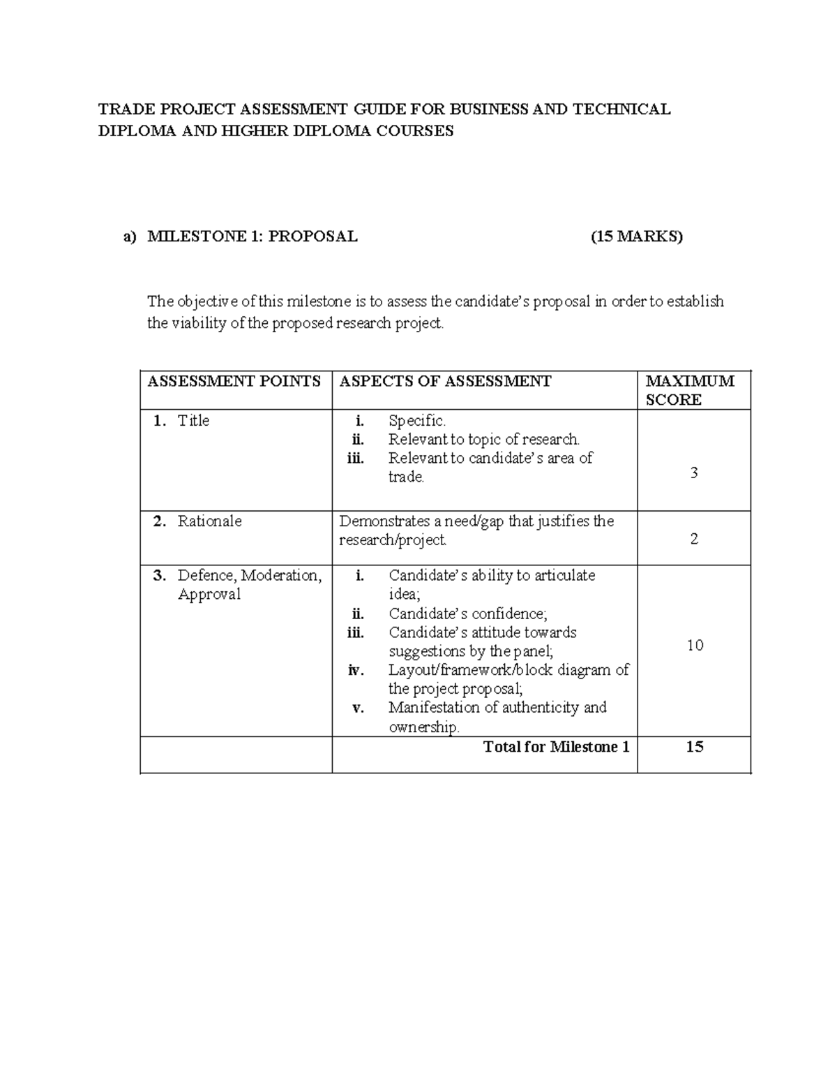 Trade Project Assessment Guide for Diploma Courses (Assess. Milestones ...