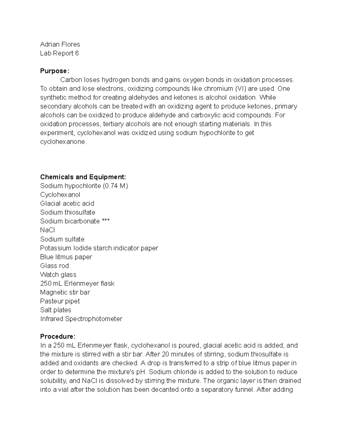 organic chem Lab report 6 - Adrian Flores Lab Report 6 Purpose: Carbon ...