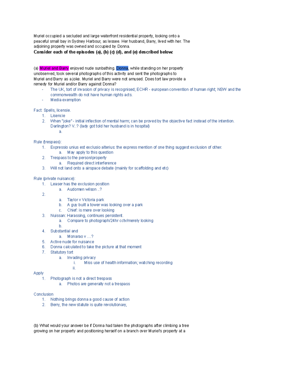 LAWS1017 Tutorial Q&A: Privacy, Trespass & Nuisance Cases Analysis ...