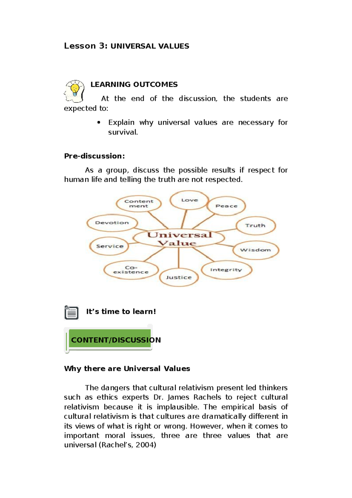 Ethics 101: Chapter 1, Lesson 3 - Understanding Universal Values - Studocu