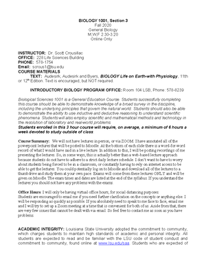 BIOL 1001 Syllabus for Spring 2025 - BIOLOGY 1001, Section 3 Fall 2025 ...