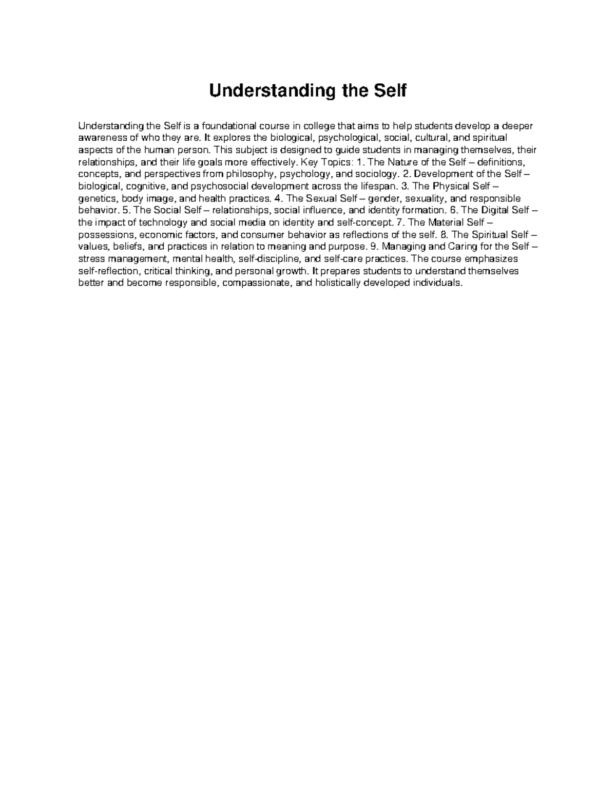 Understanding the Self: A Foundational Course Overview - Studocu