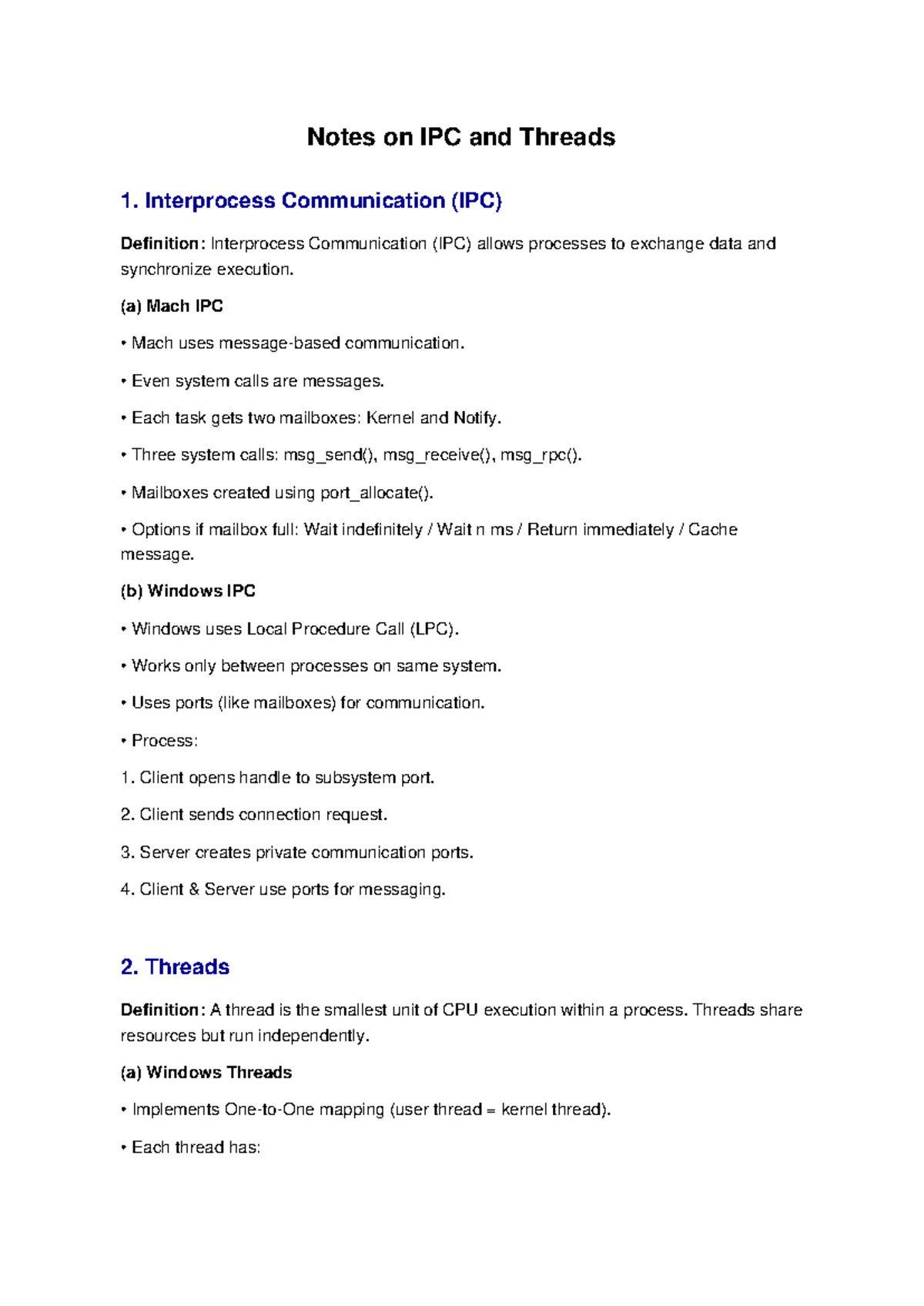 IPC and Threads Notes - CS101 Final Exam Study Guide - Studocu