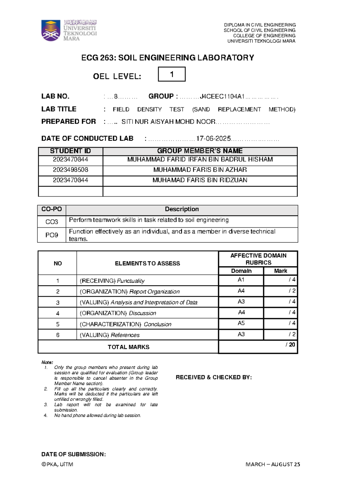 ECG 263: Soil Engineering Lab 1 - Field Density Test Report - Studocu