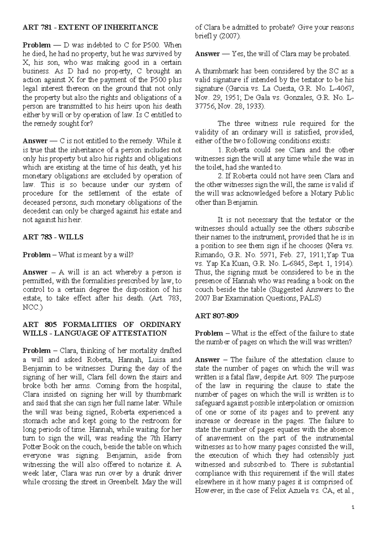 ART 781-854 Jurado Problems on Succession: Inheritance & Wills Exam ...