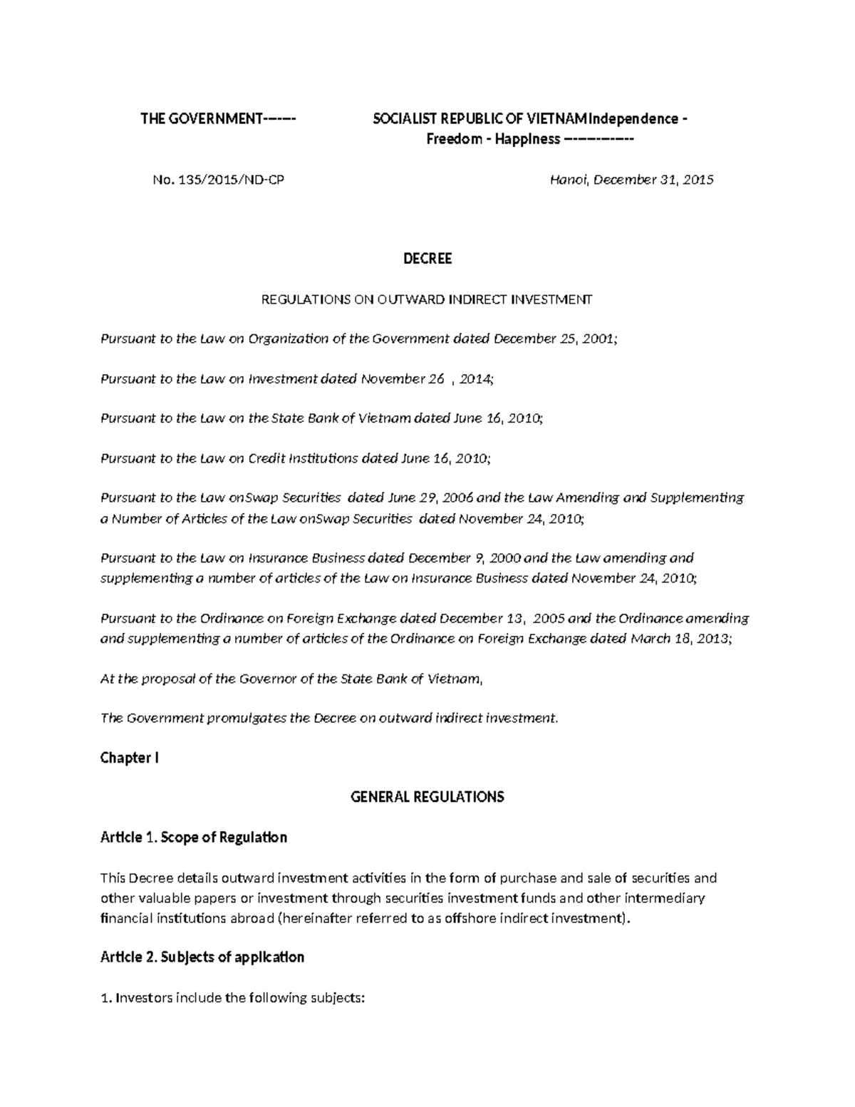 Decree on Outward Indirect Investment Regulations - No. 2015/31/ND-CP ...