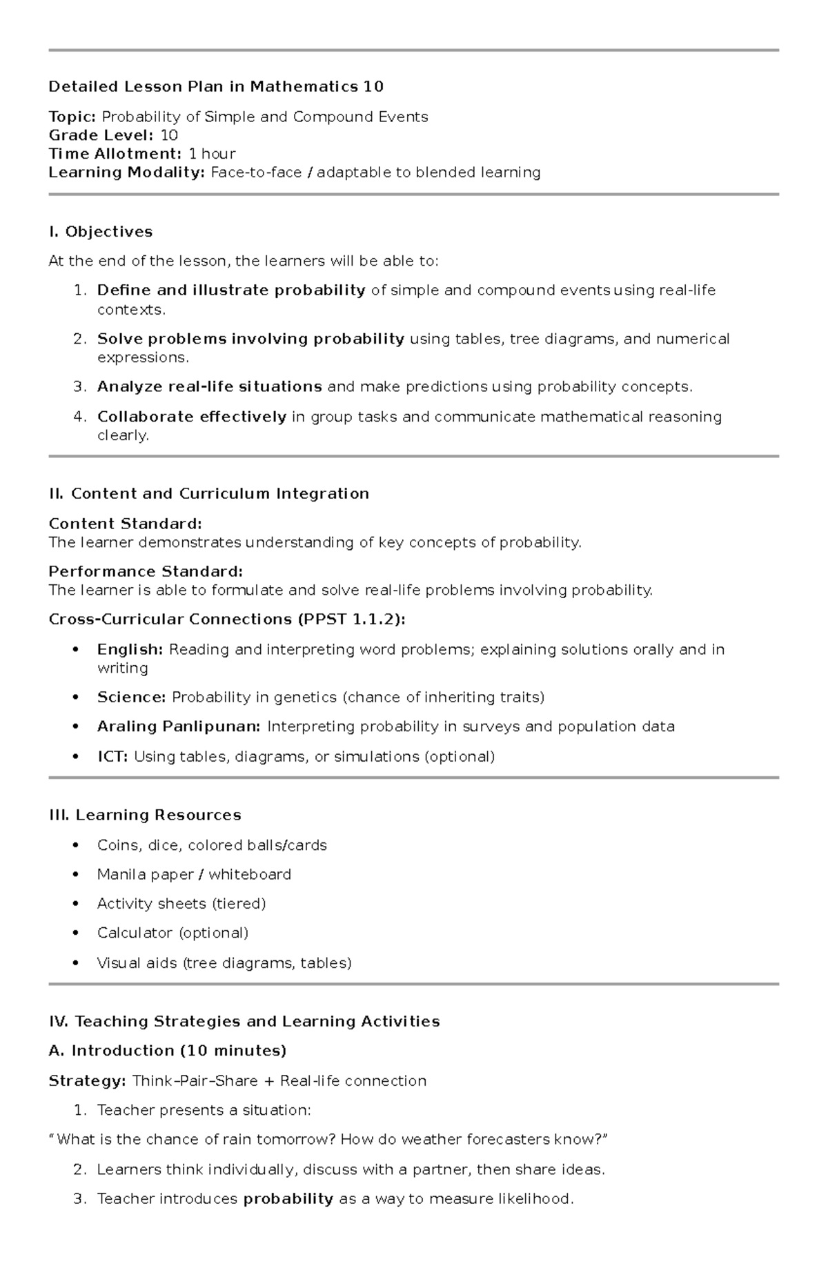 Mathematics 10 Detailed Lesson Plan: Probability of Events - Studocu