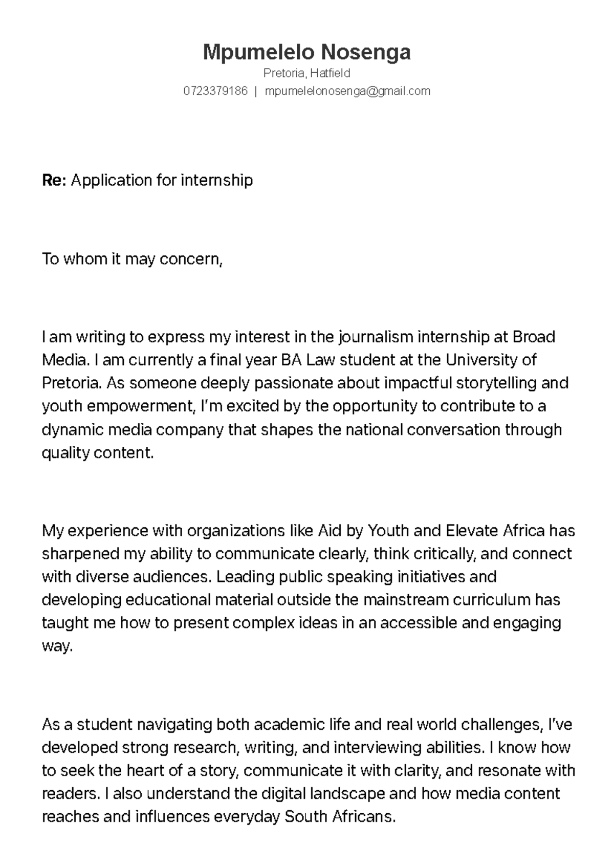 BA Law Internship Application Cover Letter for Broad Media - Studocu