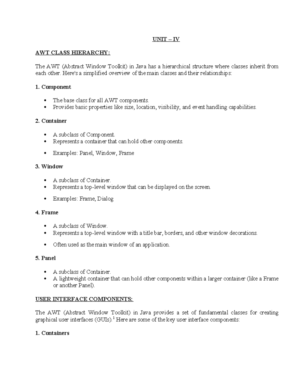 UNIT - IV - Multi thread Programming - UNIT – IV AWT CLASS HIERARCHY ...