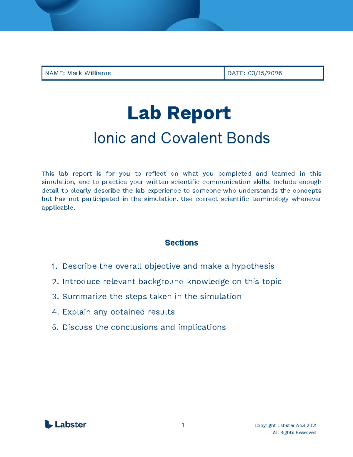 Lab Report: Ionic and Covalent Bonds - Mark Williams - Studocu
