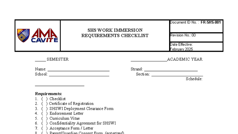 SHSWI- Work Immersion Requirements Checklist - Studocu