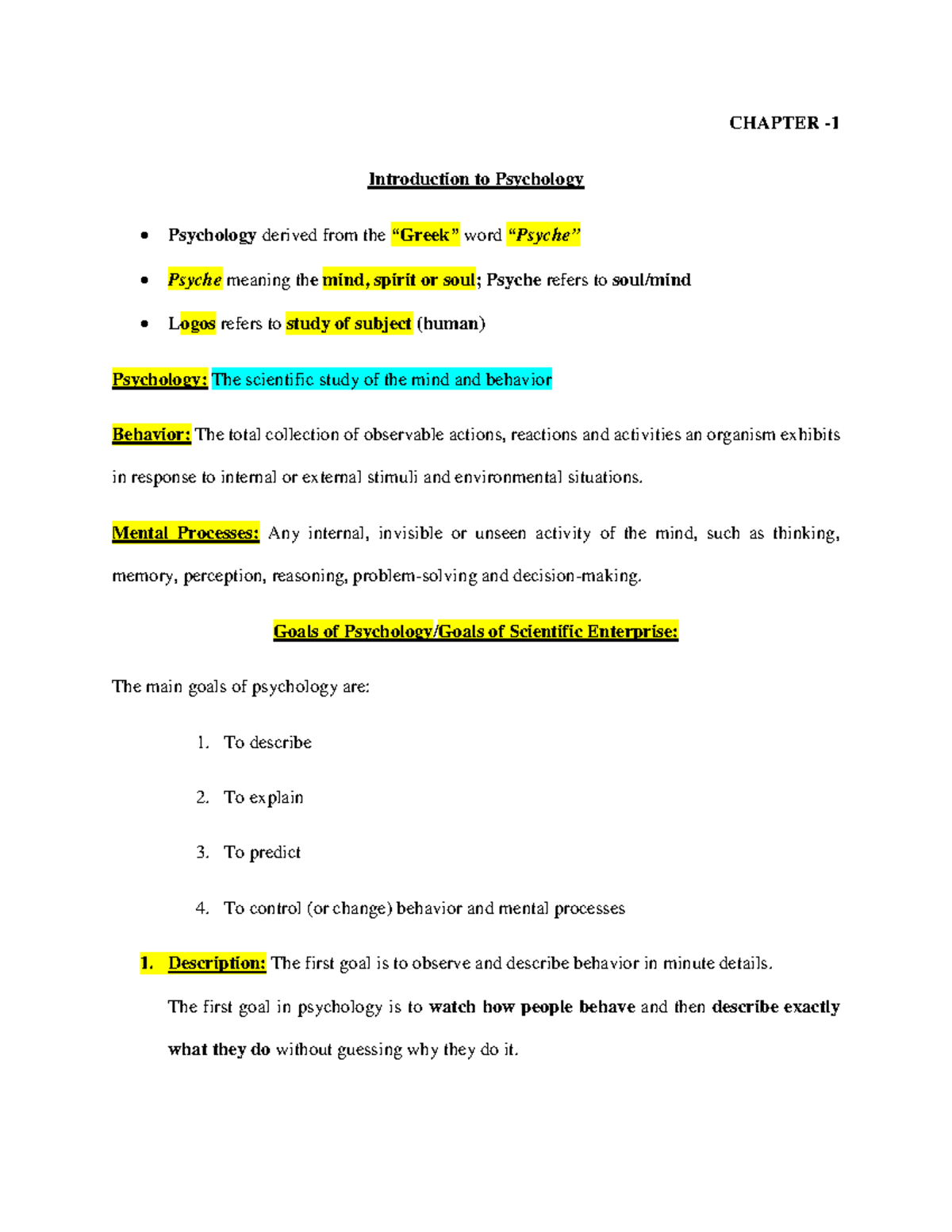 CHAPTER 1: Introduction to Psychology - Key Concepts and Goals - Studocu