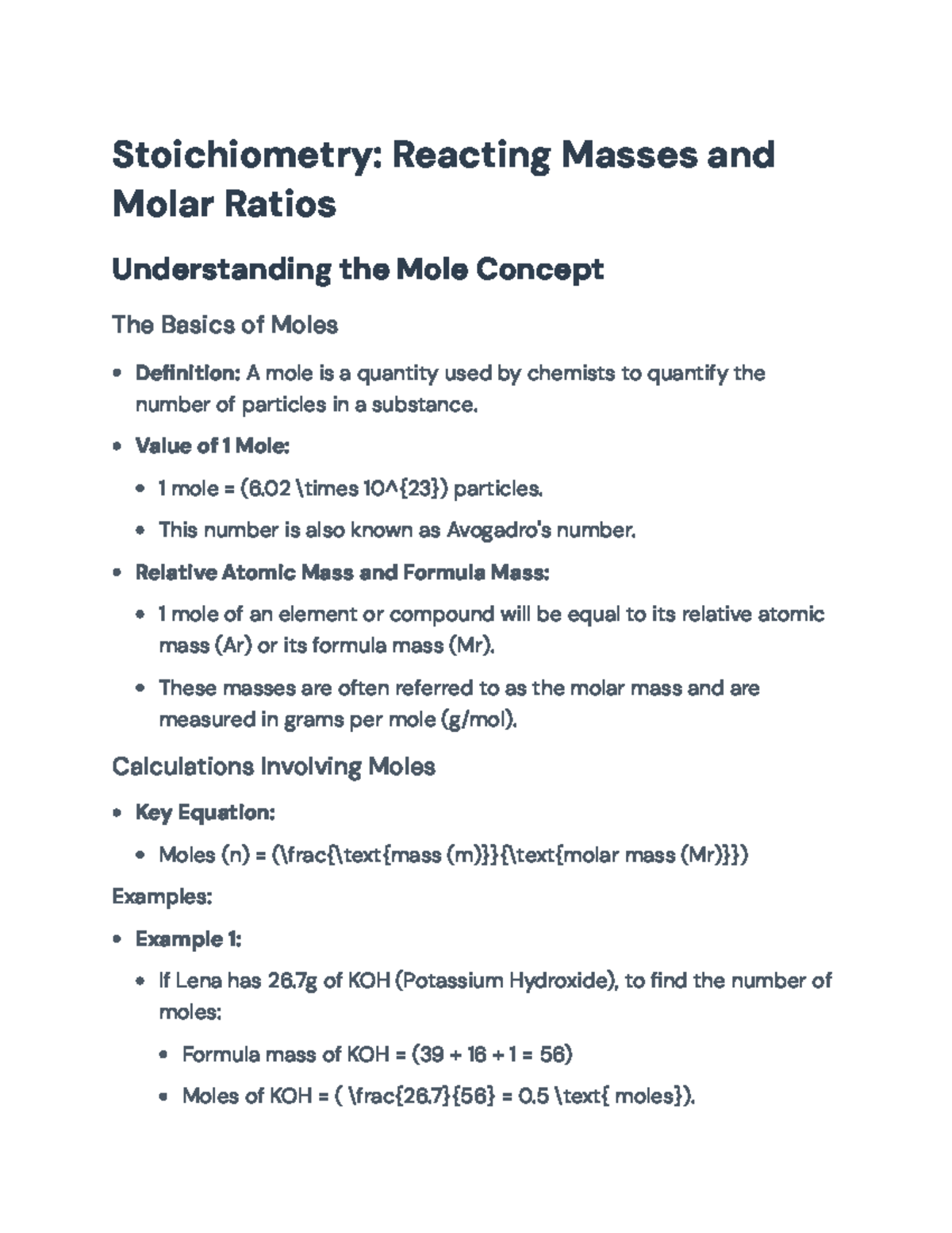 Stoichiometry and Molar Ratios in Chemical Reactions (CHEM101 ...