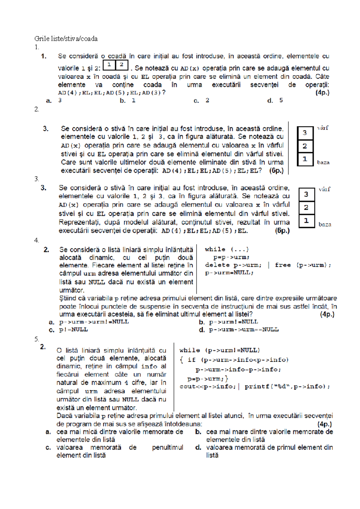 Grile alocare dinamica C++ - Derecho Romano - Grile liste/stiva/coada 1 ...