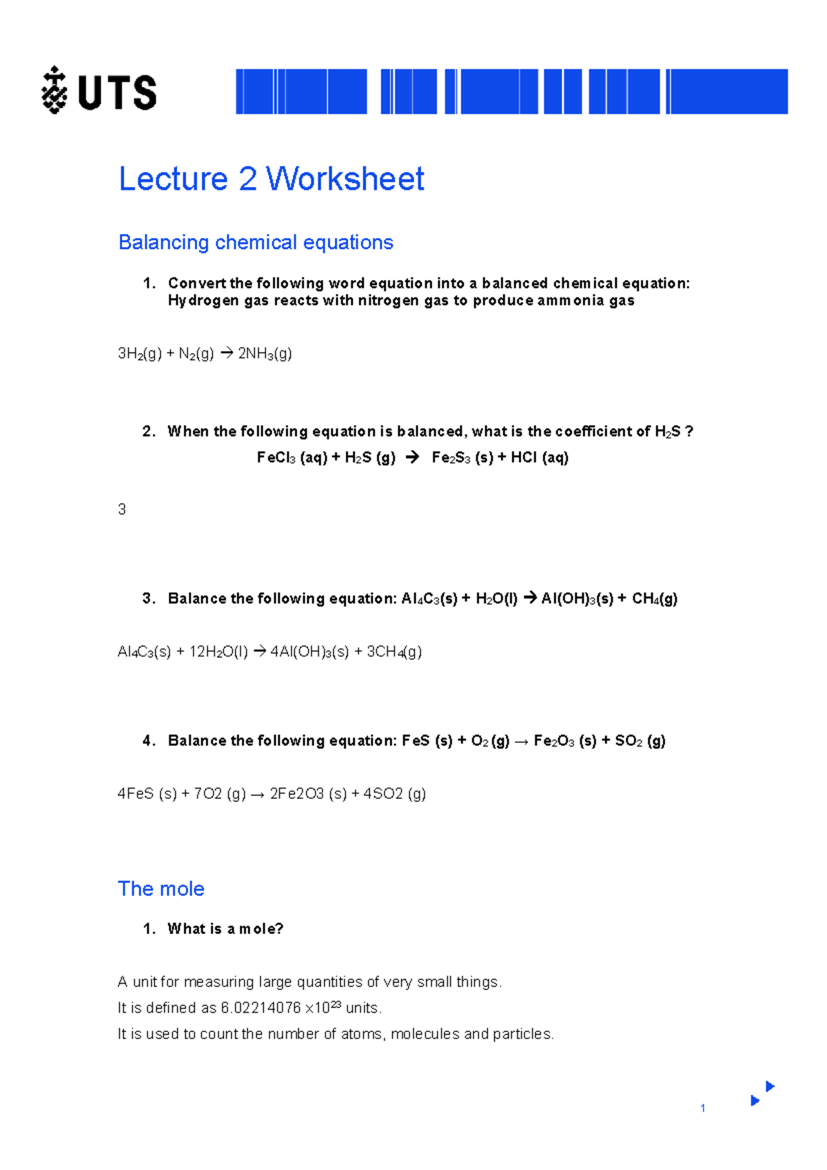 Lecture 2 Worksheet: Balancing Chemical Equations & Stoichiometry - Studocu