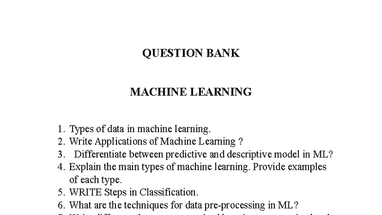 ML MID EXAM QB - Important Questions for Machine Learning - Studocu
