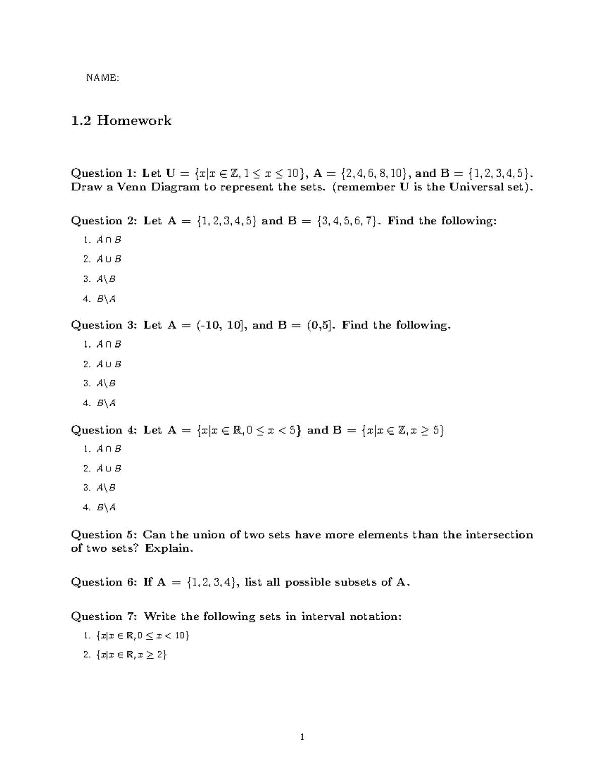 1.2 Homework: Venn Diagrams and Set Operations - Studocu