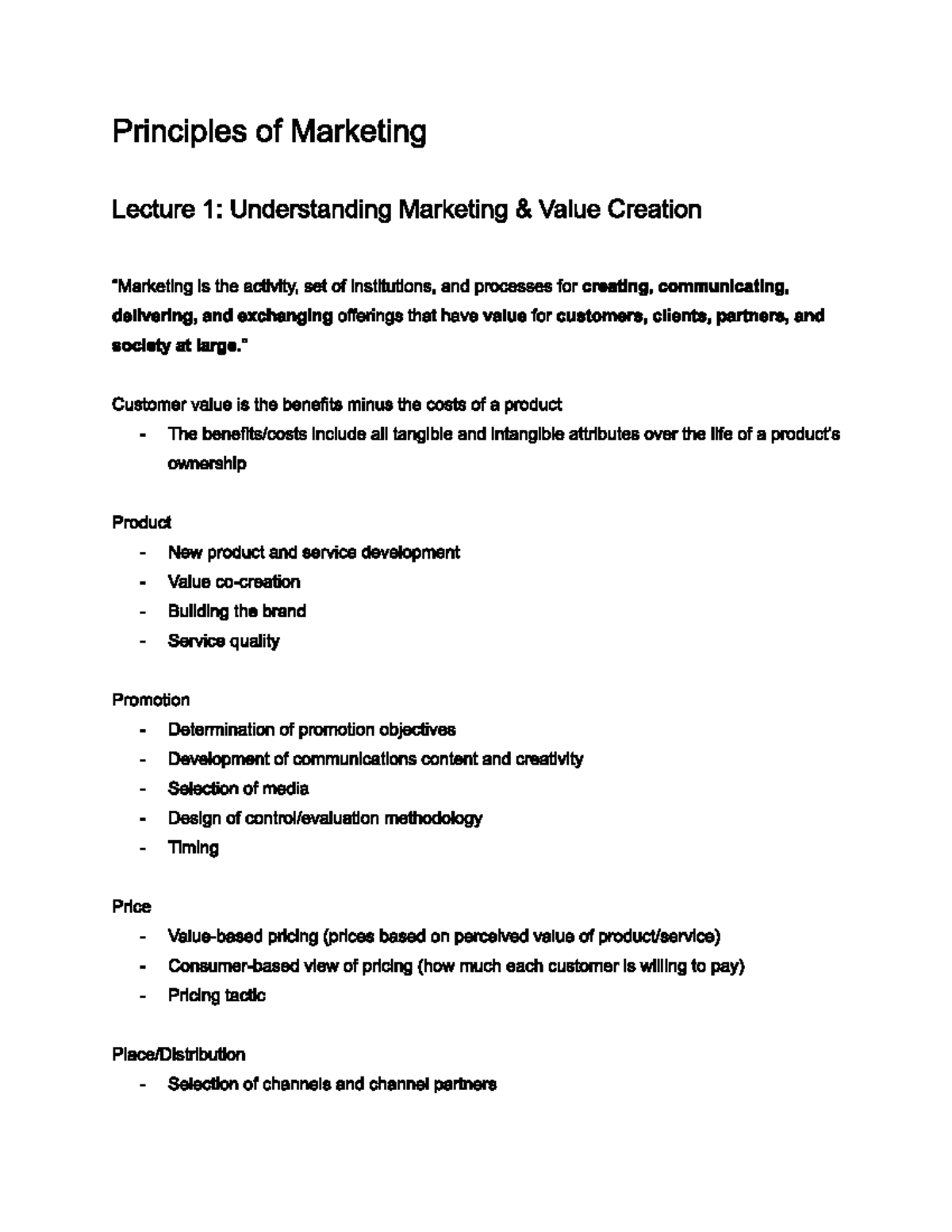 POM 101 Lecture 1: Understanding Value Creation in Marketing - Studocu