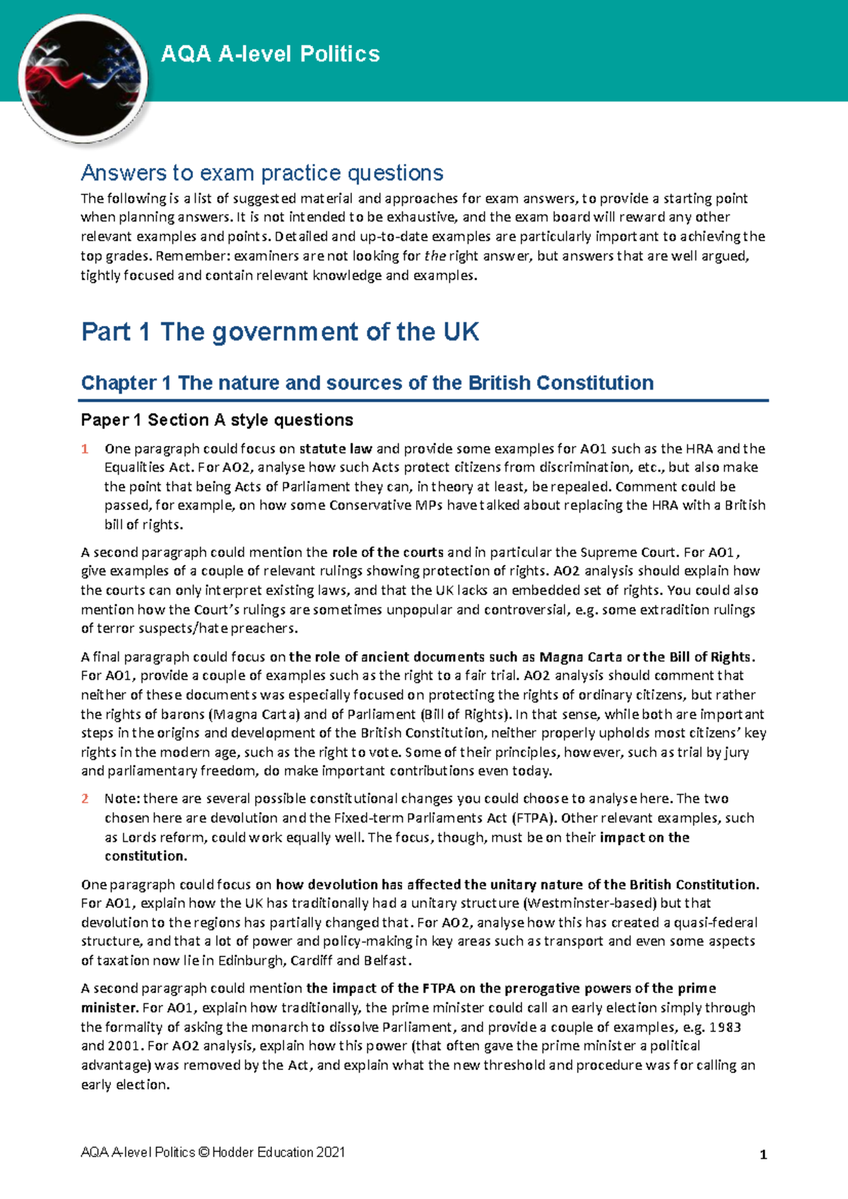 AQA A Politics Exam Practice Questions: Chapter 1 Insights - Studocu