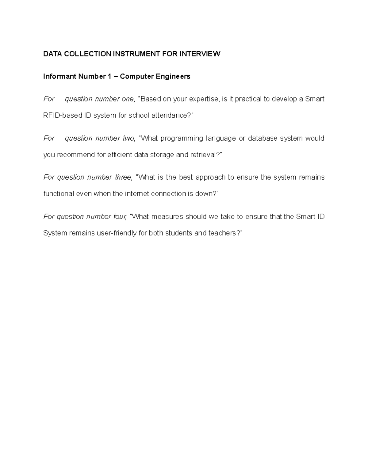 DATA COLLECTION INSTRUMENT FOR INTERVIEW: Computer Engineers - Studocu