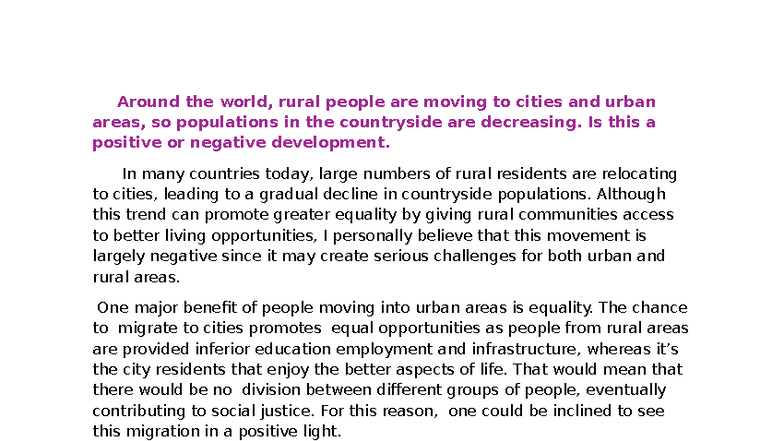 Task 2 - Urban Migration: Impacts on Rural and Urban Areas - Studocu