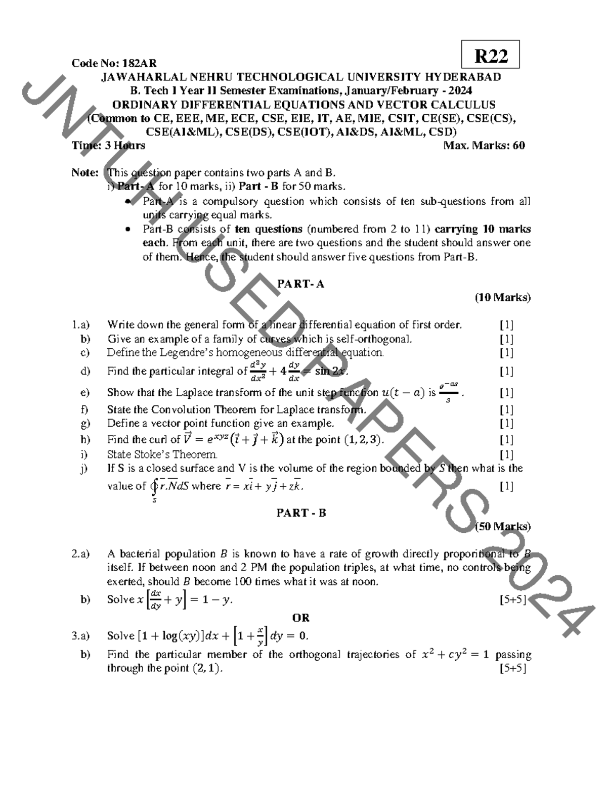 R22 H TU JN 182AR: ODE & Vector Calculus Exam Notes (B.Tech I Year ...
