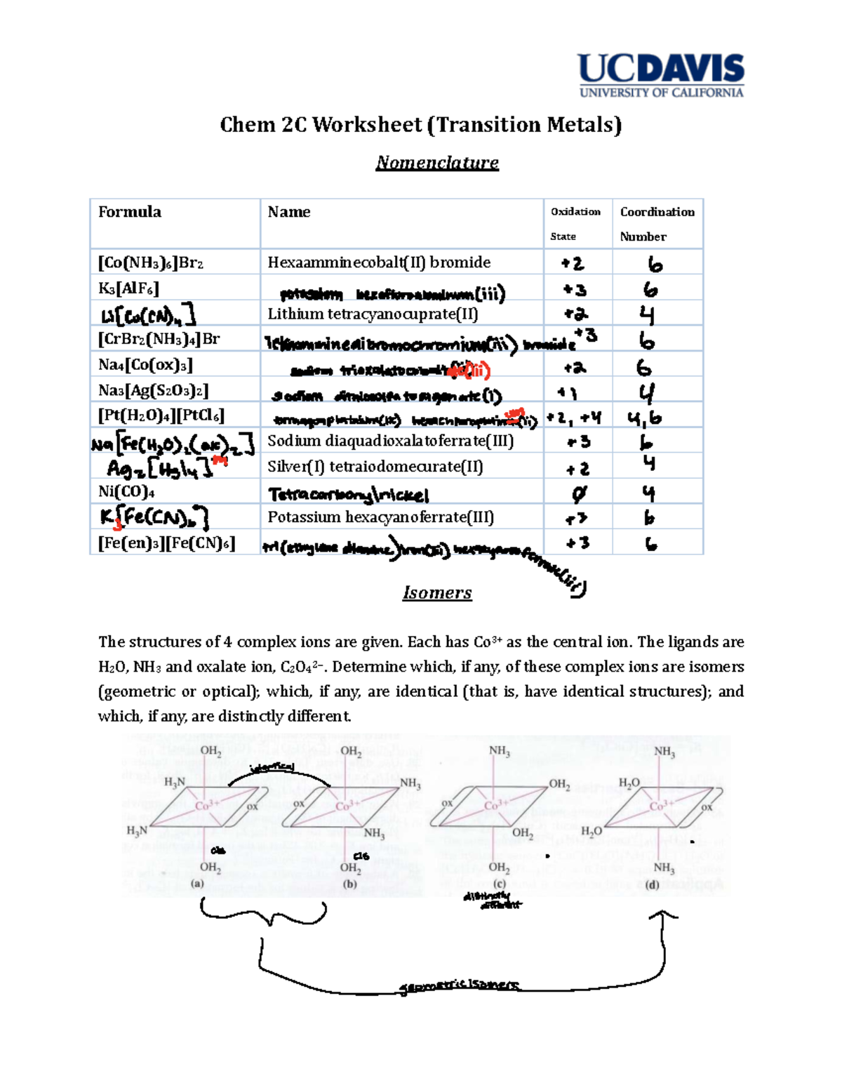 CHE 2C Discussion Worksheet 2: Transition Metal Complexes Analysis ...
