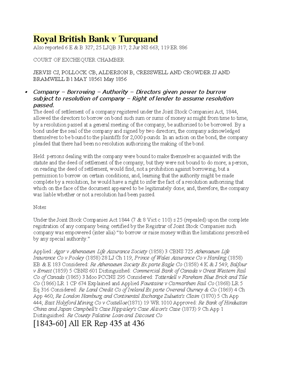 Royal British Bank v Turquand: Case Analysis & Legal Implications - Studocu