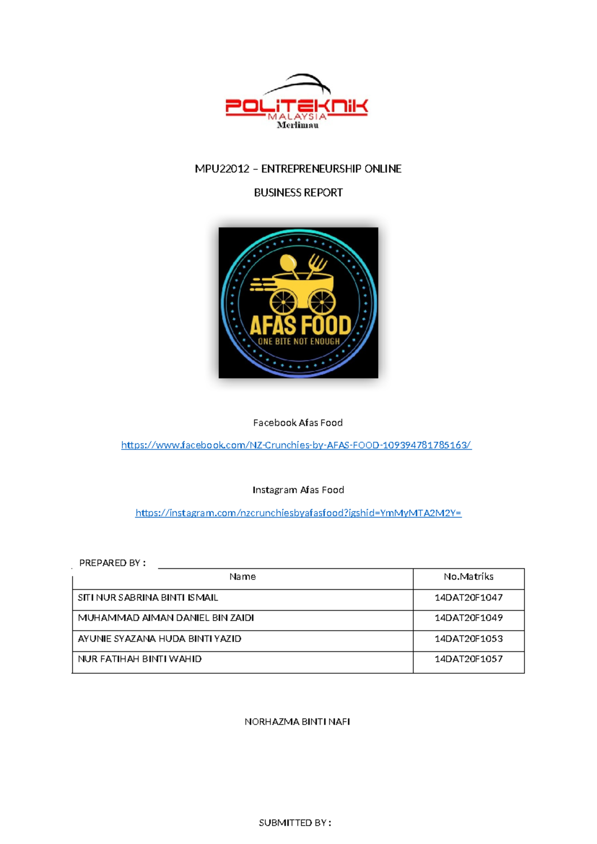 MPU22012 - Online Business Report on AFAS FOOD Marketing Strategies ...