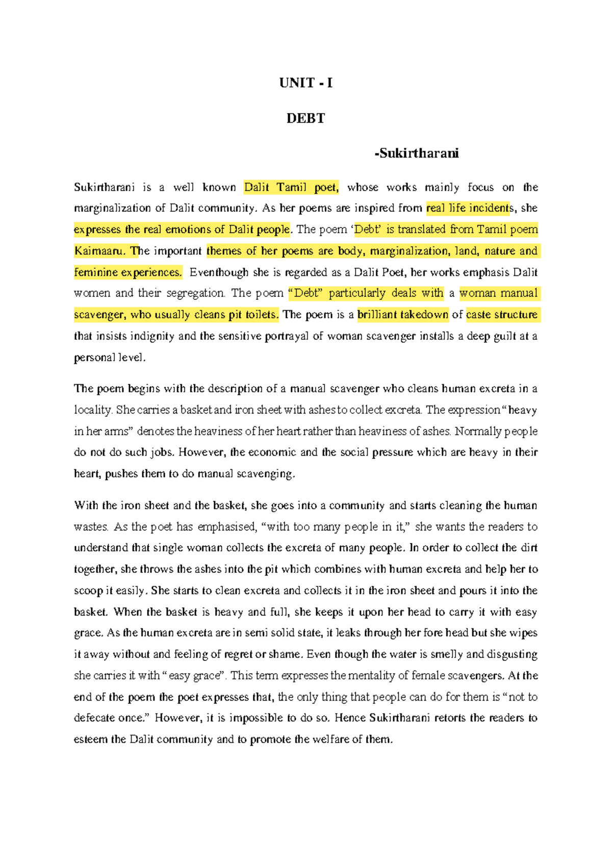 UNIT-I Poetry - Summary and Analysis of Key Poems in English - Studocu