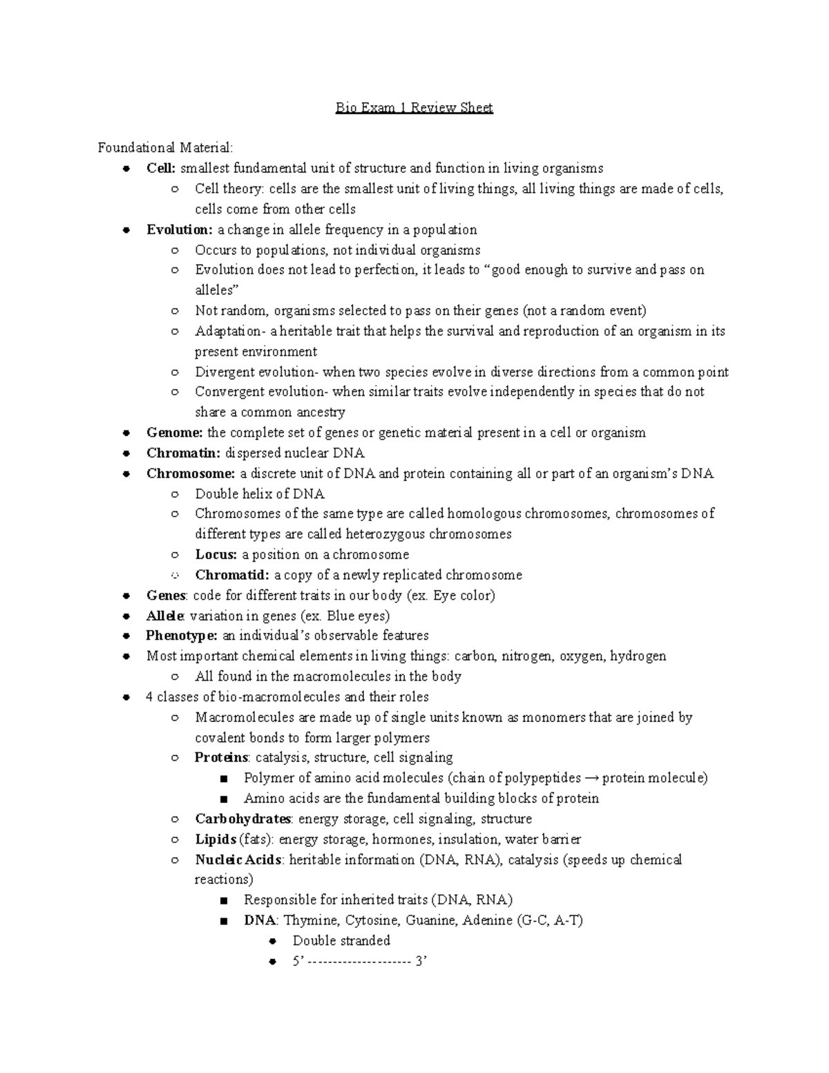BIO 101: Exam 1 Review Sheet with Key Concepts and Definitions - Studocu