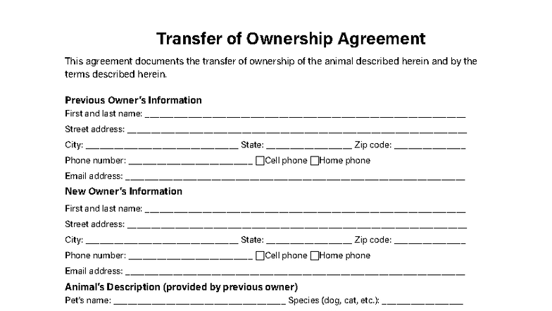 Pet Transfer Agreement: Ownership Transfer Document - Studocu