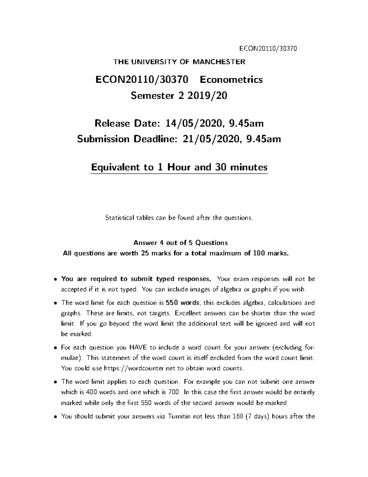 ECON20110/30370 Final Exam Paper - Econometrics 2020 - Studocu