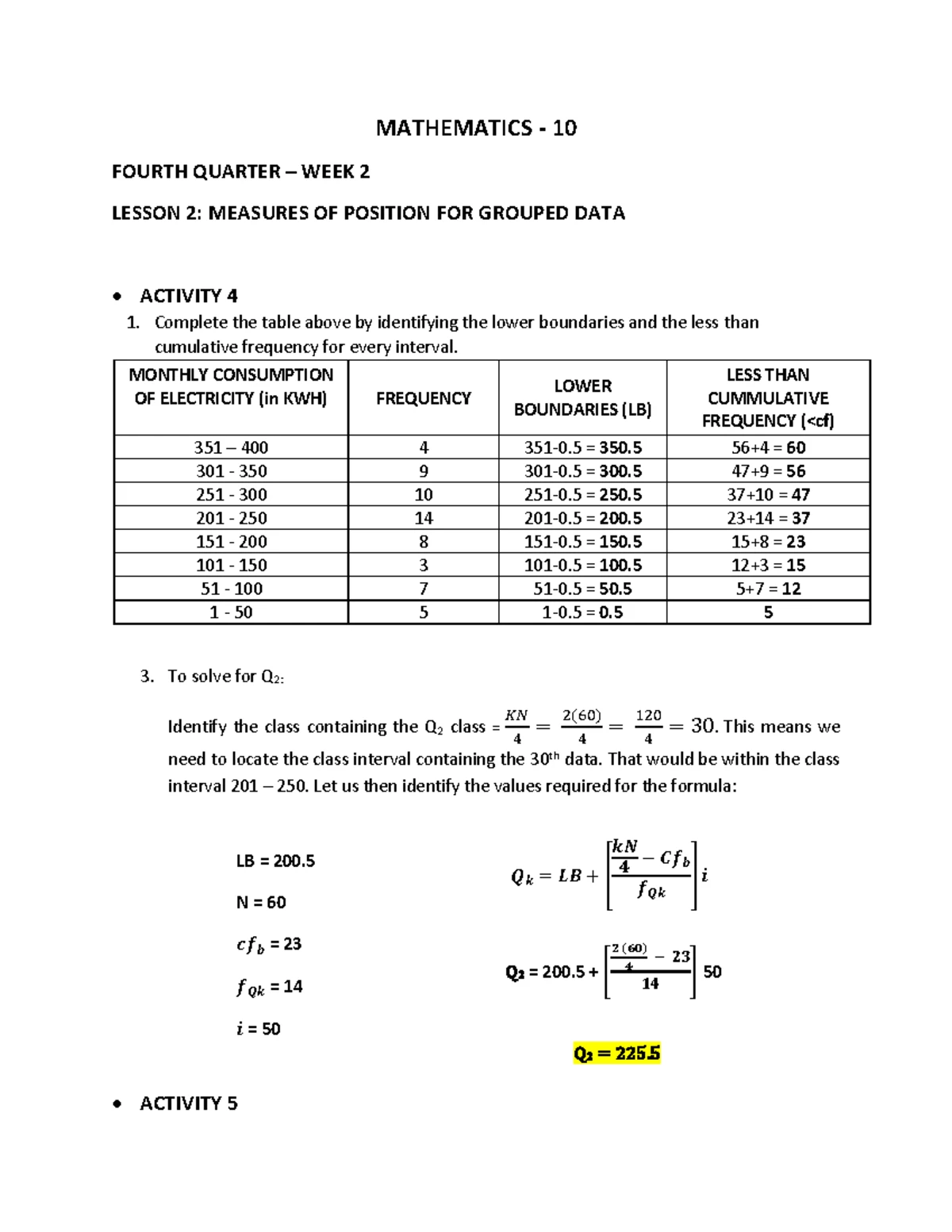 Math (Q4W3) - Lesson on Measures of Position Activities - Studocu