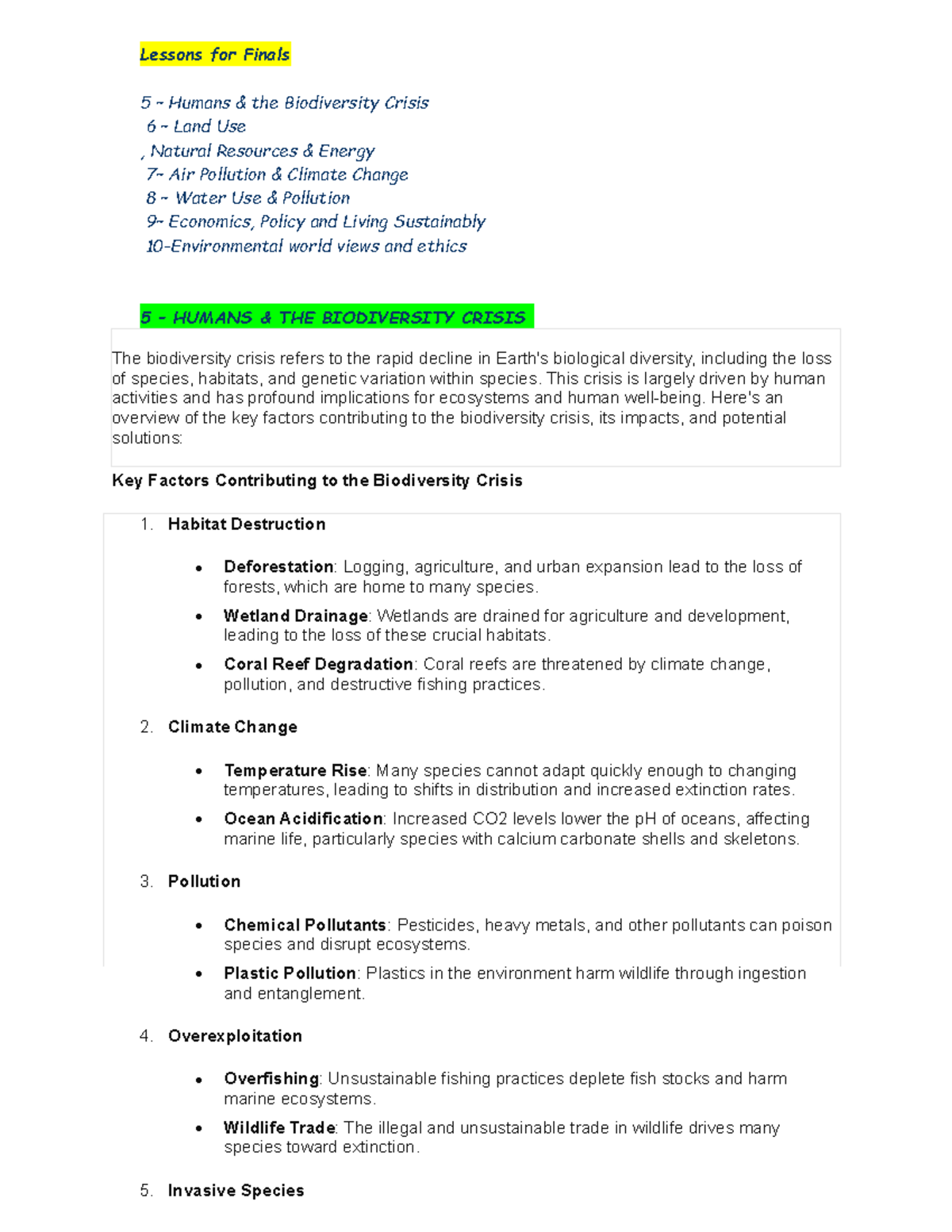 ENVI SCI....5 Humans & the Biodiversity Crisis - Lessons for Finals 5 ...