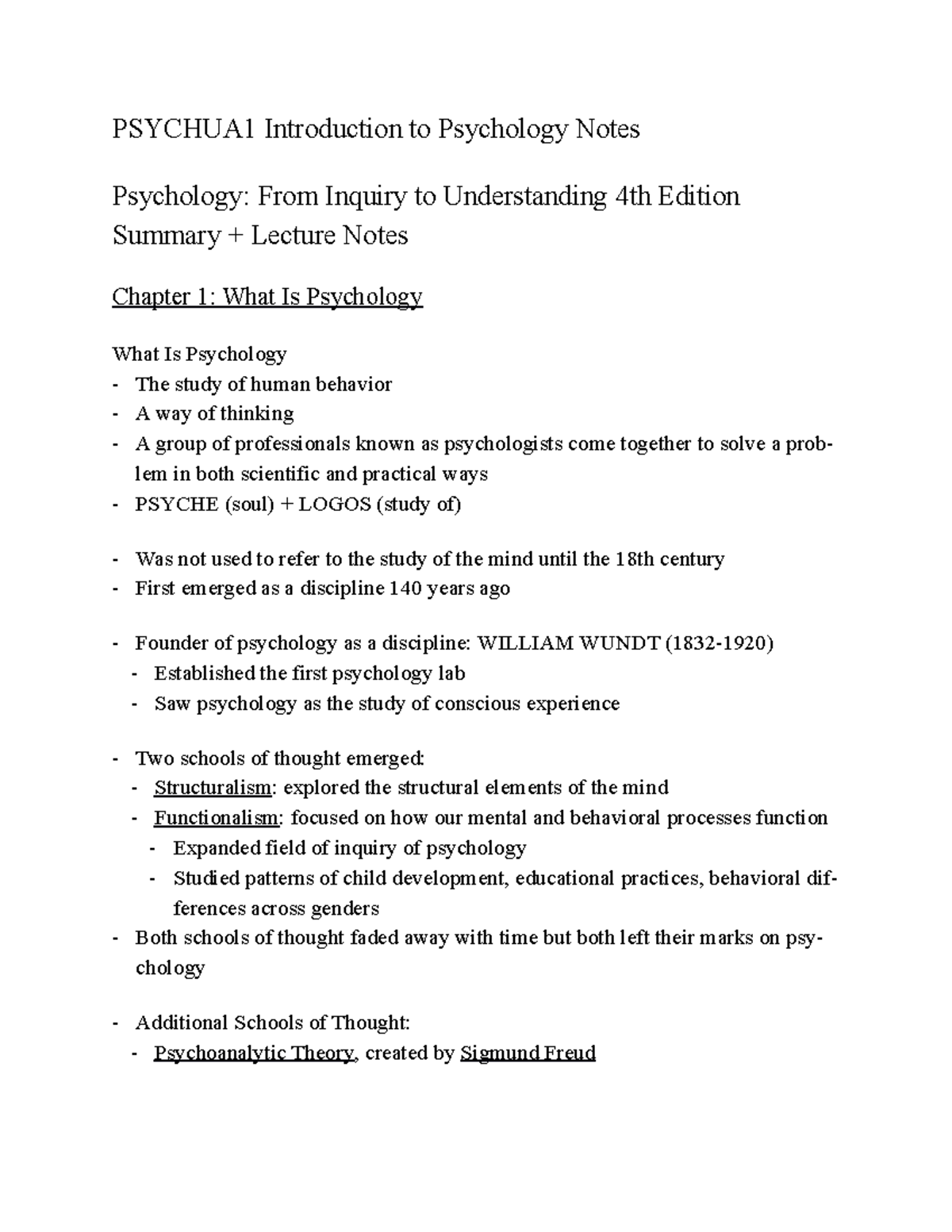 Psychua 1 Intro TO Psychology Notes - PSYCHUA1 Introduction to ...