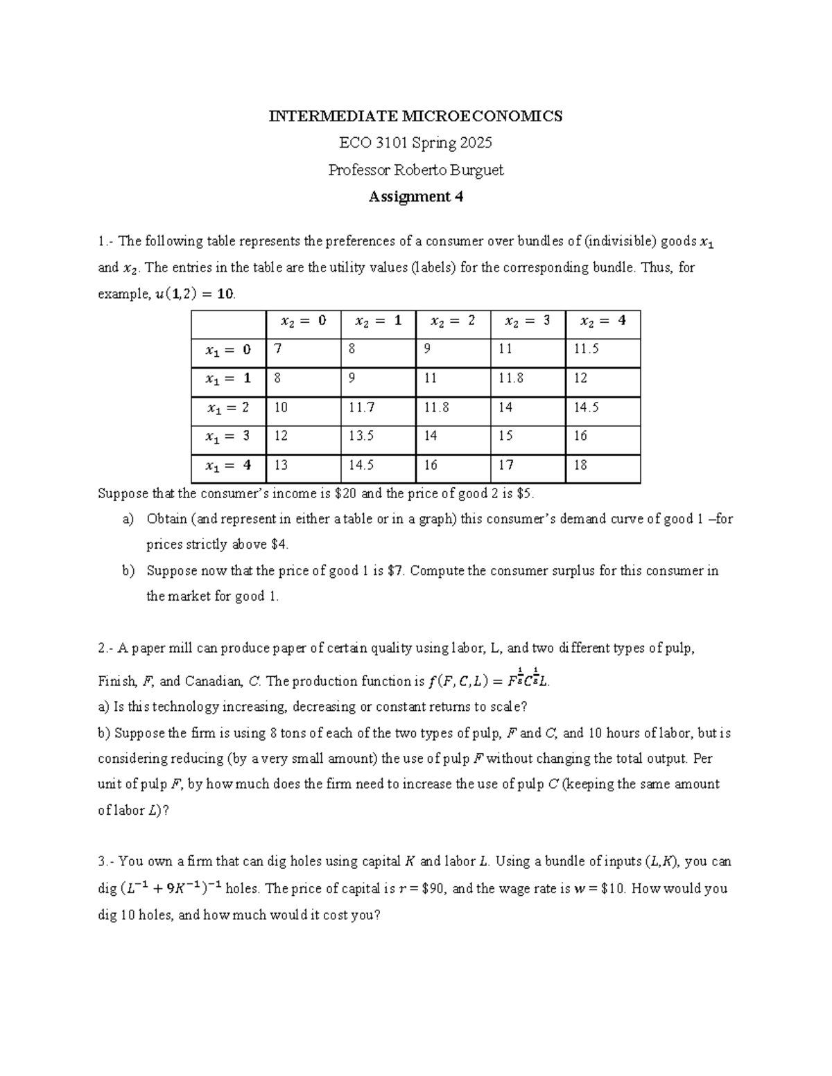 Intermediate Microeconomics Assignment 4 - ECO 3101 Spring 2025 ...