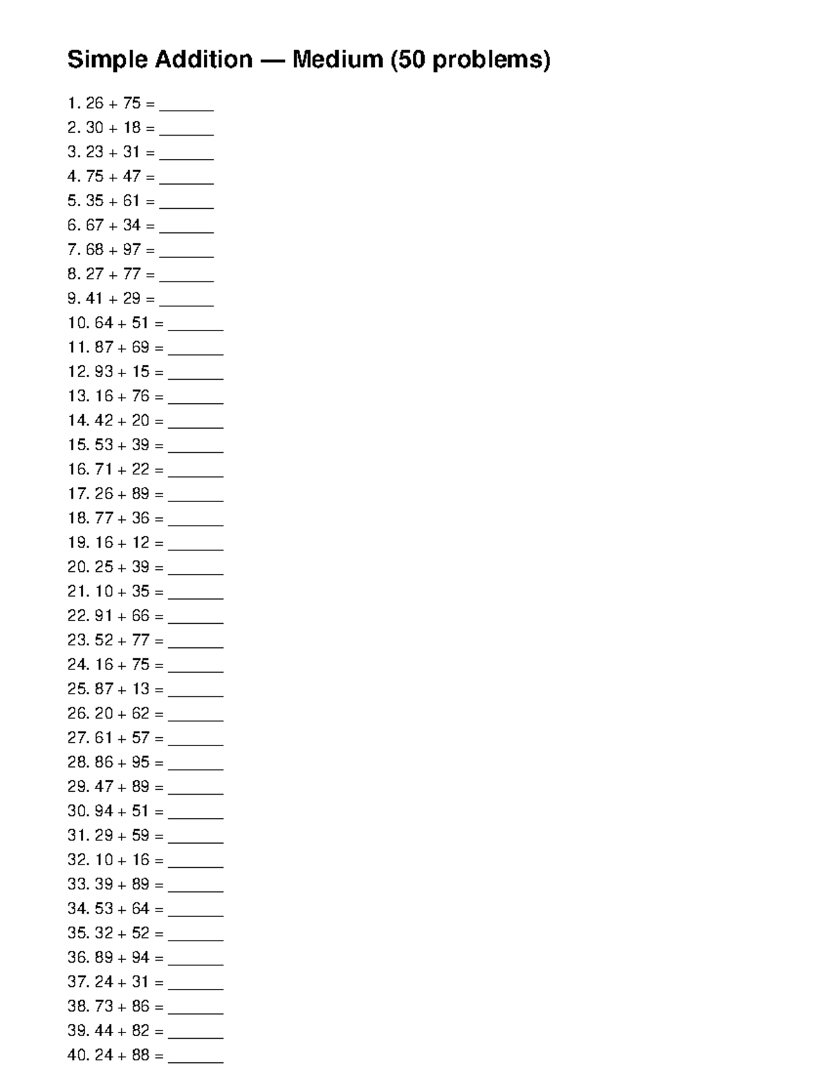 Medium Addition Practice (50 Problems) - Studocu