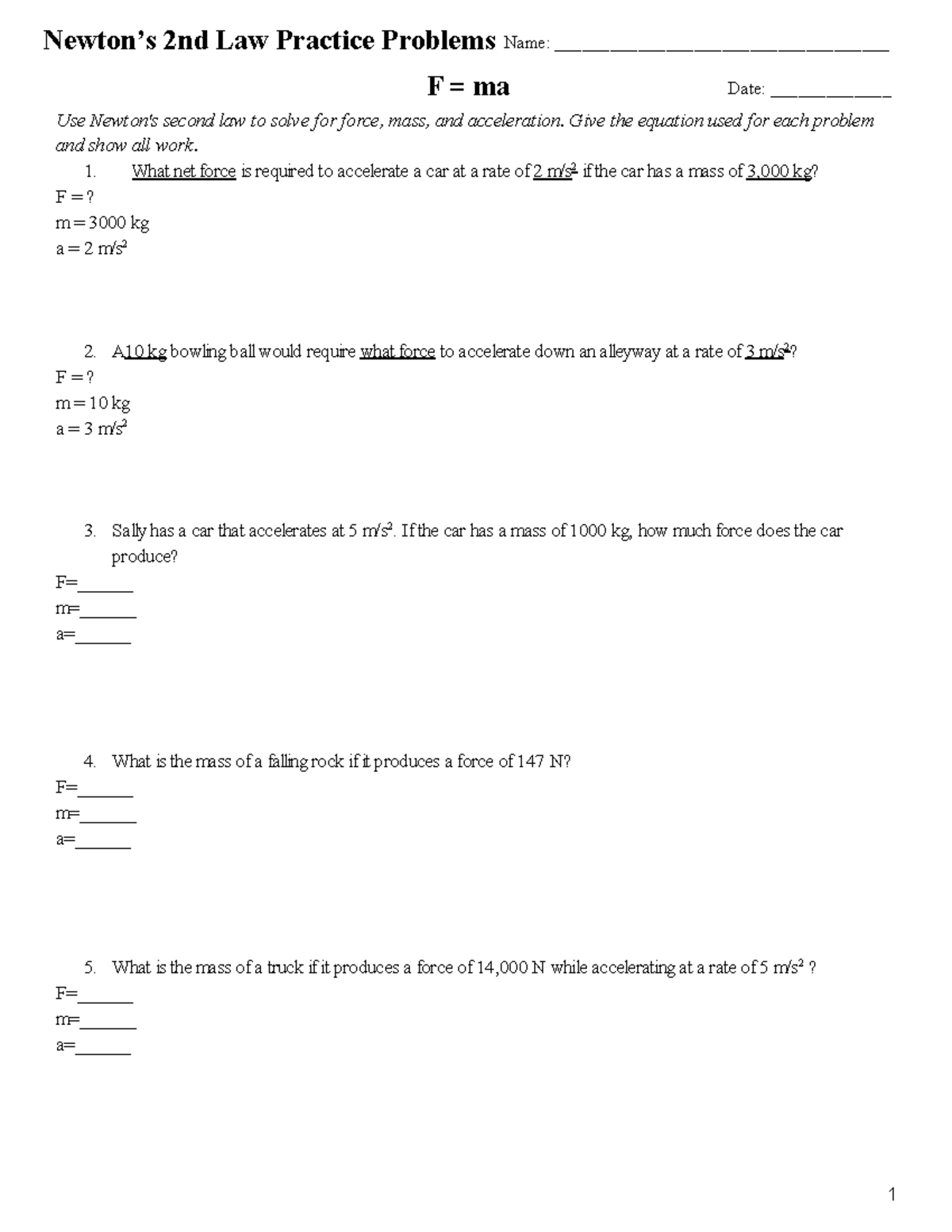 Newtonsndlawpracticeproblems - Honors Physics Name ...