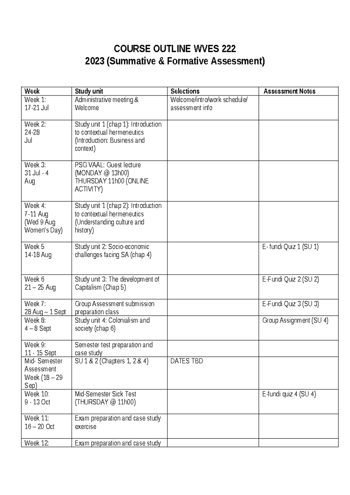 Assessment Plan WVES 222 2023 VC - COURSE OUTLINE WVES 222 2023 ...
