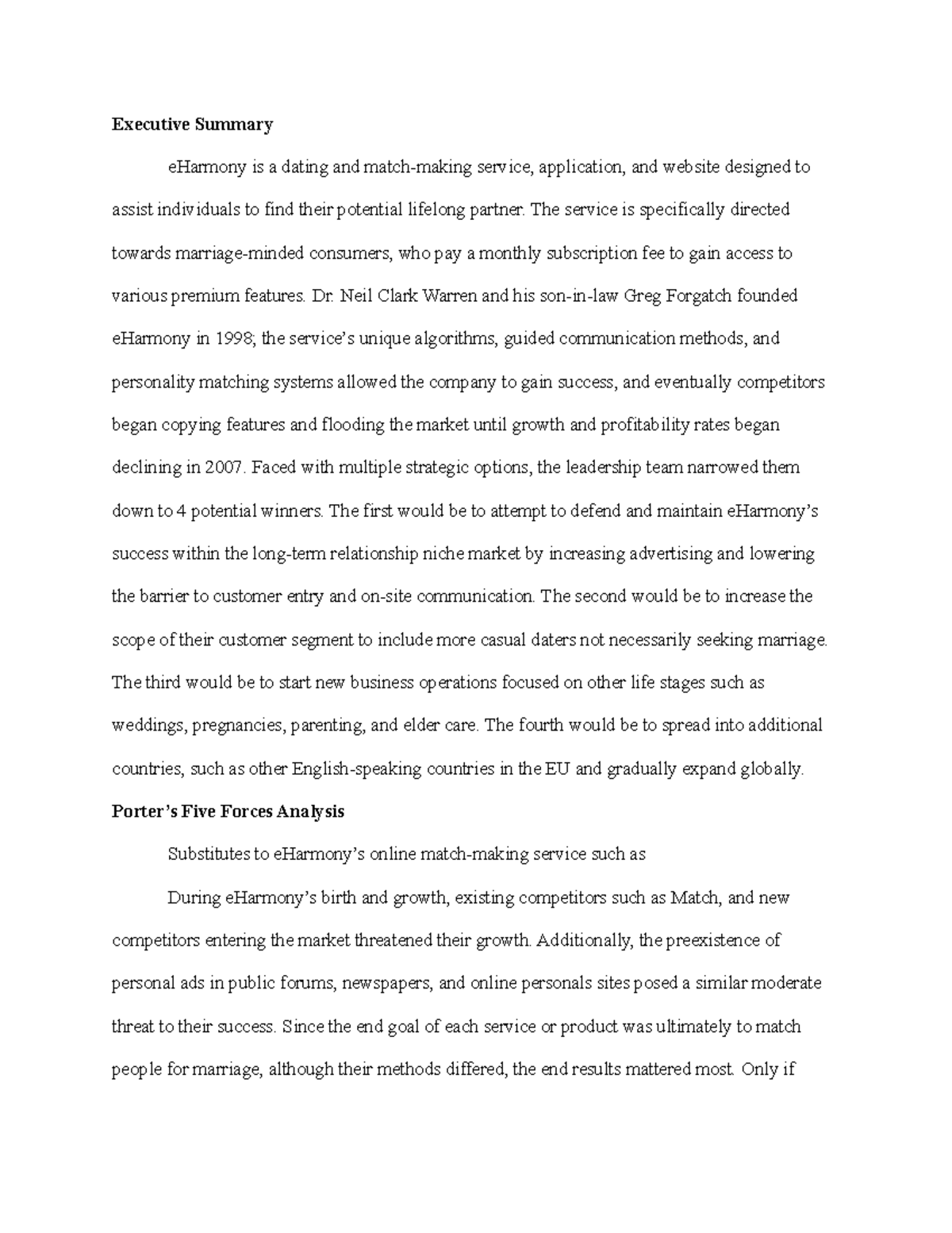 E Harmony Case Study - Executive Summary eHarmony is a dating and match ...
