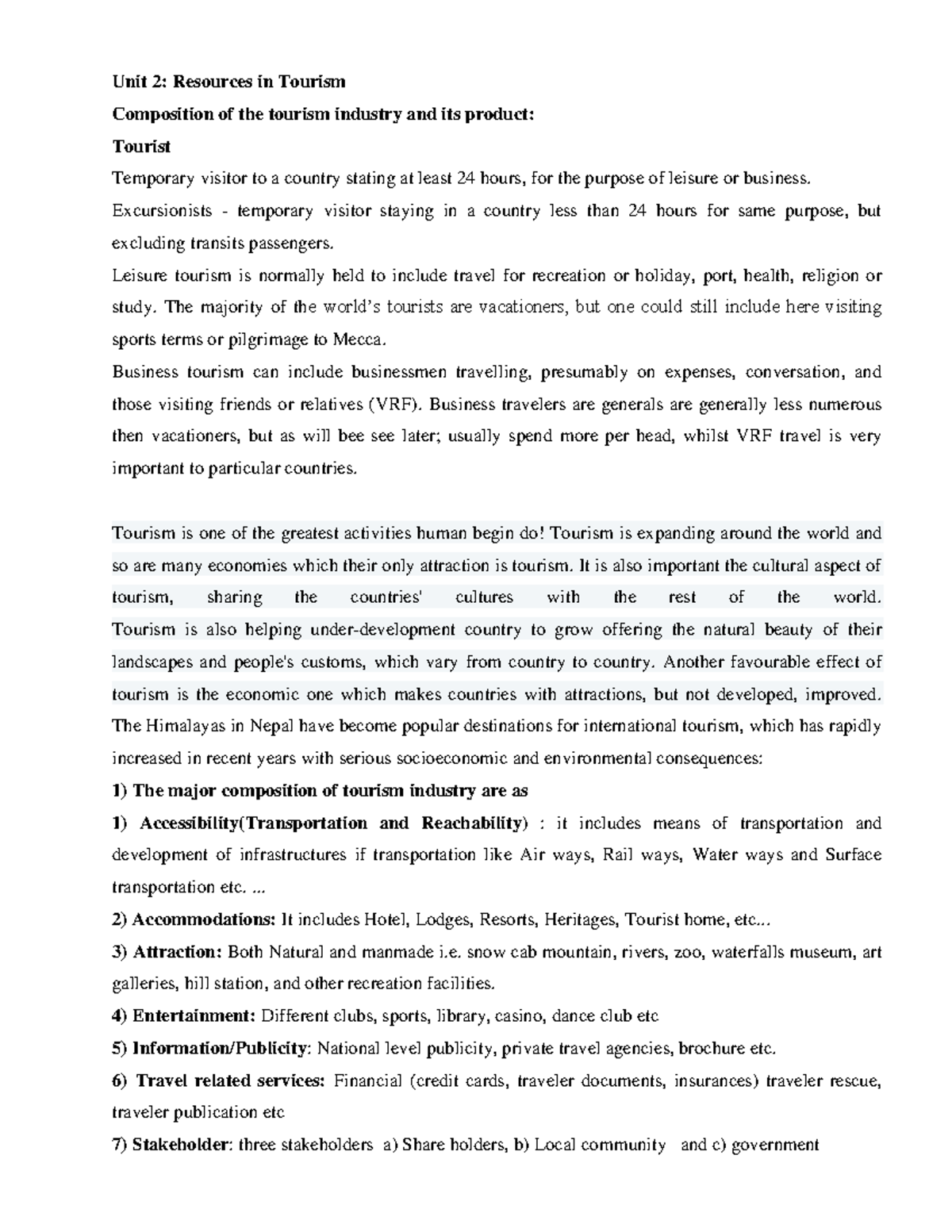 Unit 2: Resources in Tourism - Detailed Lecture Notes - Studocu