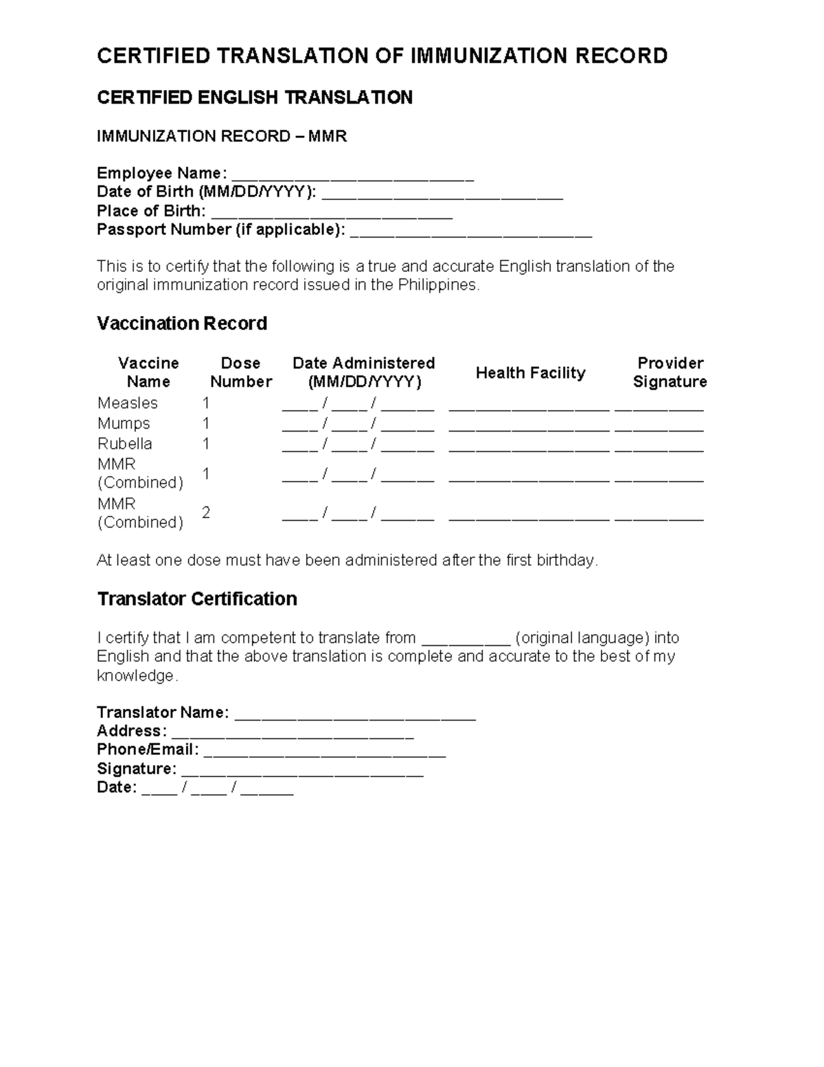 Certified Translation of MMR Immunization Record - Teacher Reference ...