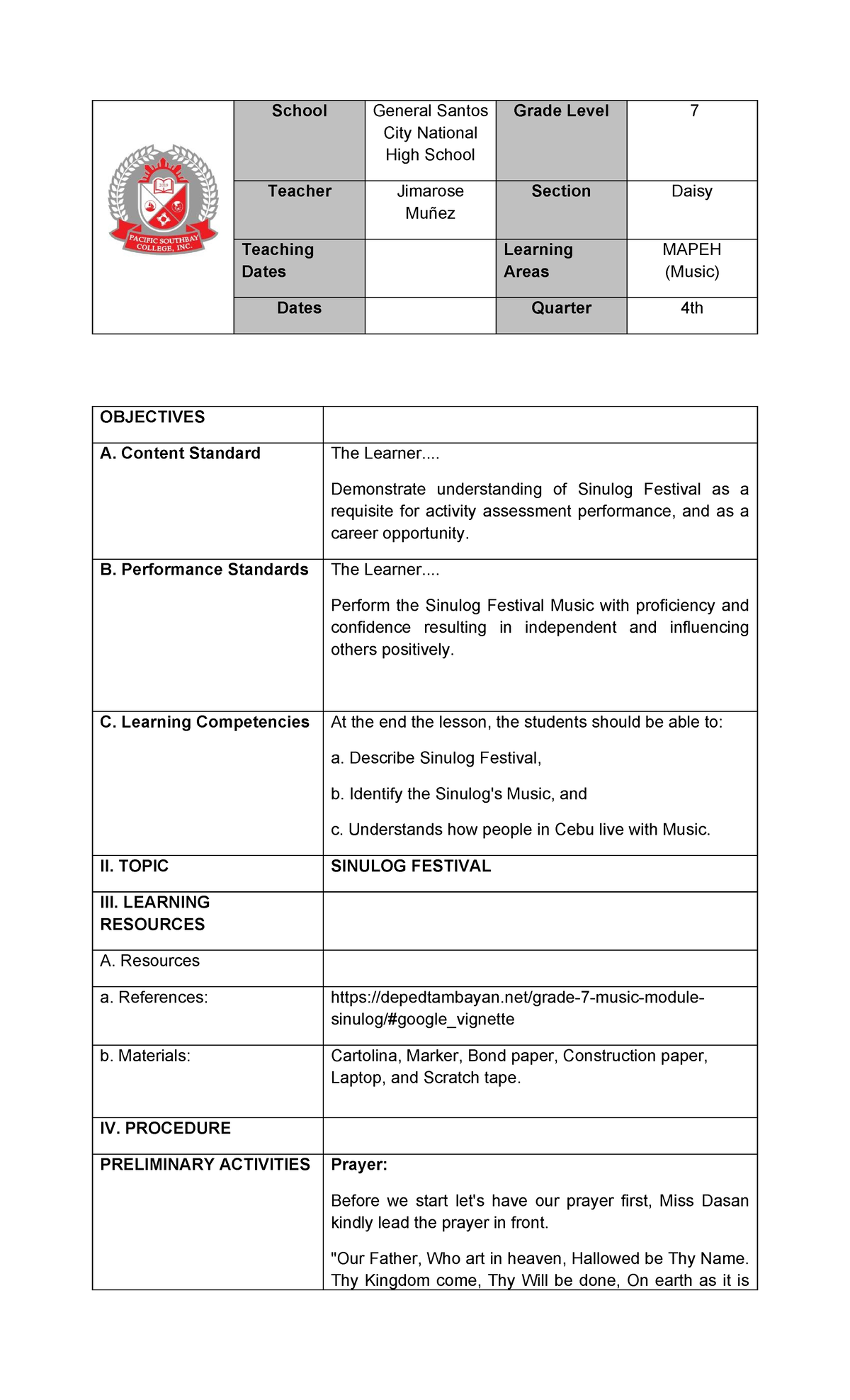 JIMA-LP: Sinulog Festival Music Lesson Plan for Grade 7 - Studocu