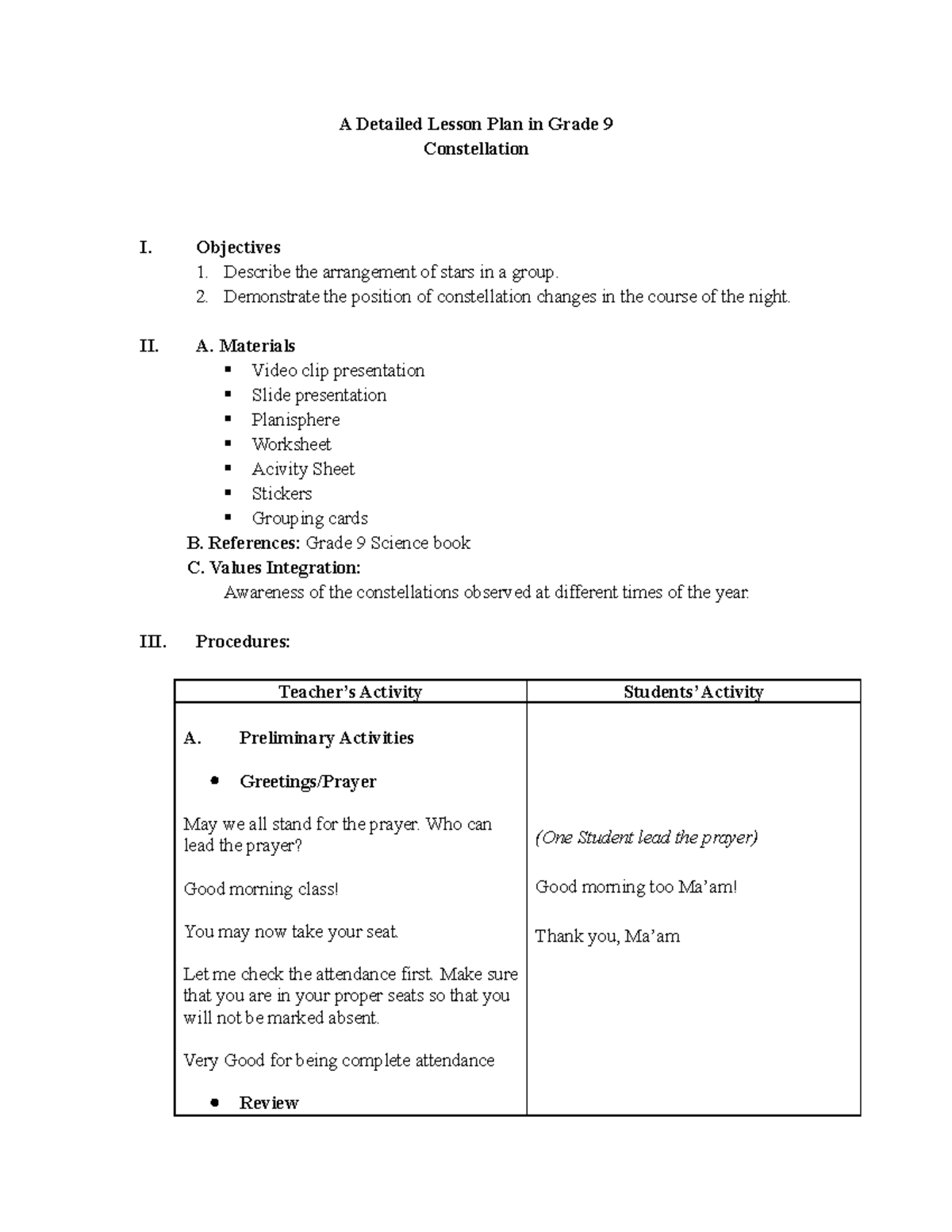 A Detailed Lesson Plan in Grade 9 - Objectives 1. Describe the ...