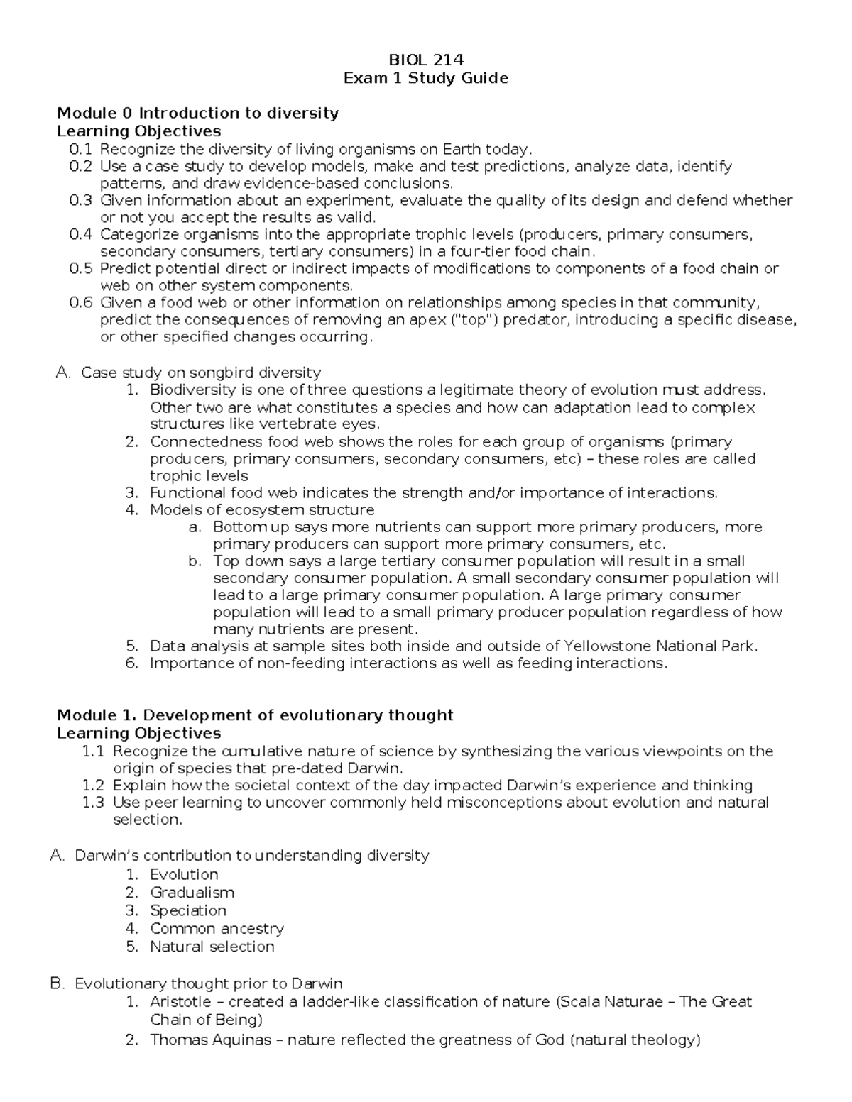 BIOL 214 Exam 1 Study Guide: Introduction to Diversity and Evolution ...