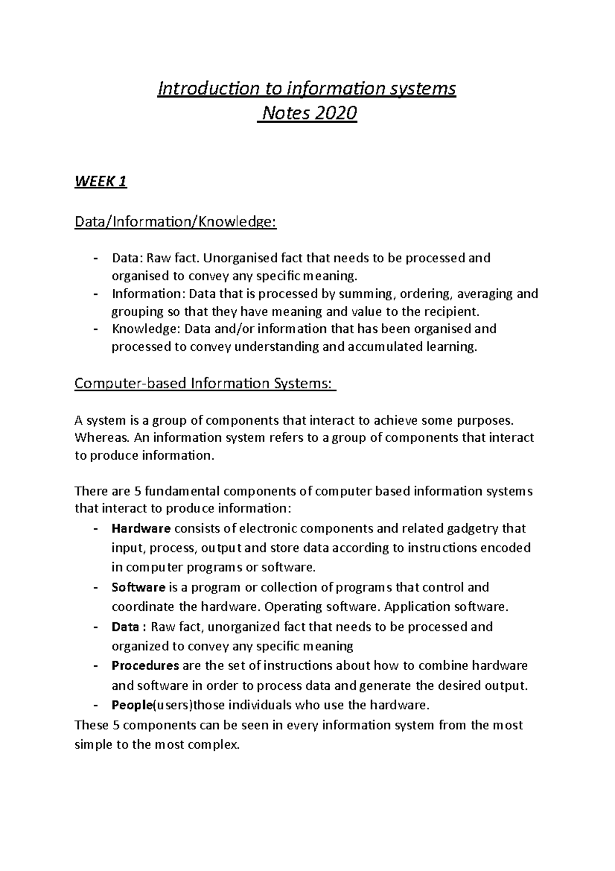 Introduction to Information Systems: Comprehensive Notes 2020 - Studocu