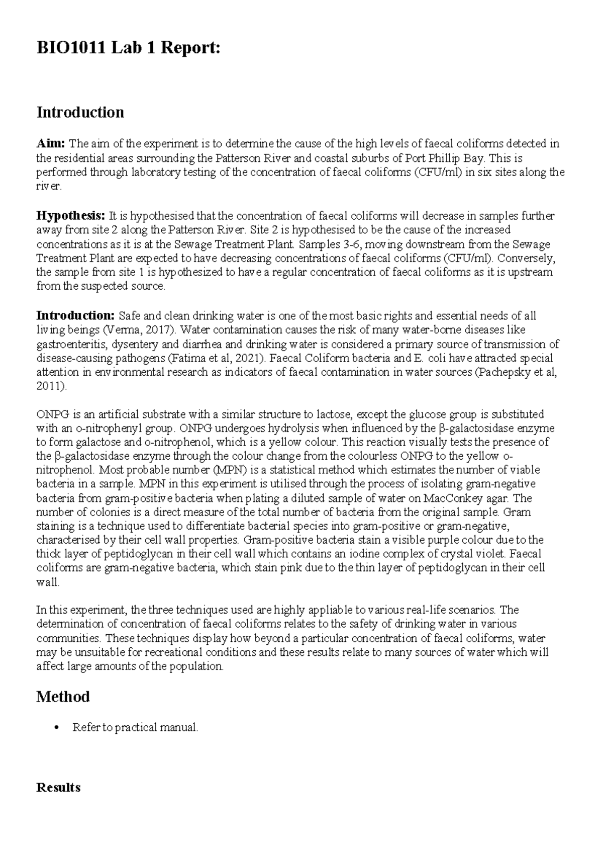BIO1011 Lab 1: Analysis of Faecal Coliforms in Patterson River - Studocu