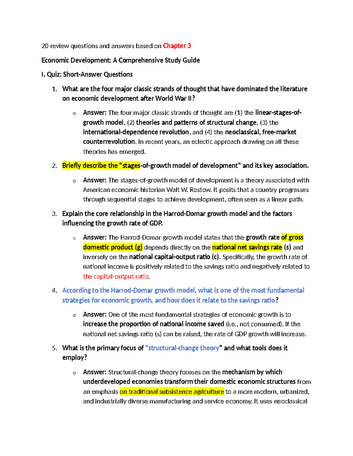 Quiz: 20 Review Questions on Economic Development (Chapter 3) - Studocu