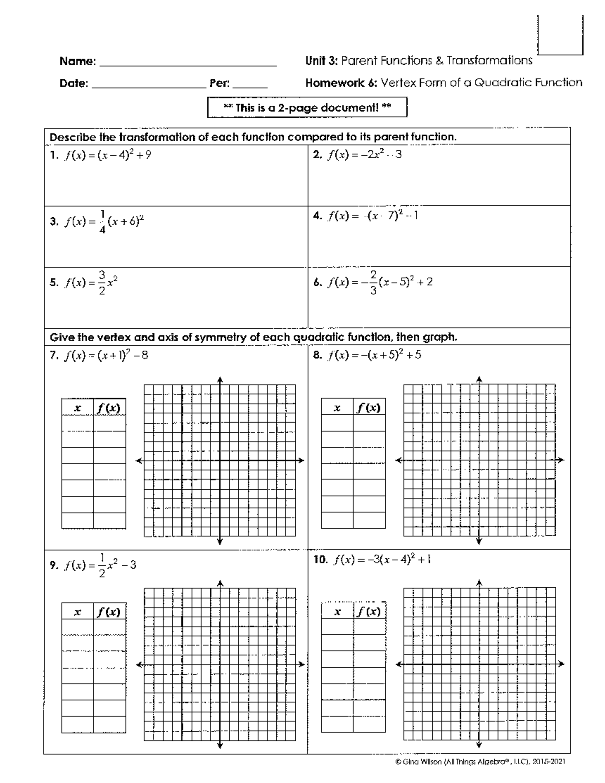 Algebra 2: Unit 3 - Transformations & Vertex Form Homework - Studocu